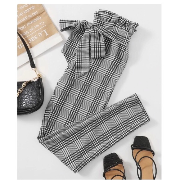 Plaid pants leggings paperbag ruffle waist tie bow - Picture 2 of 8